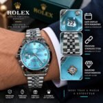 ROLEX Men’s Luxury Stainless Steel Quartz Watch – Colorful Dial, Date Display & Diamond Hour Markers | AD Garments