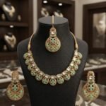 Luxury Mint Green & Gold Kundan Bridal Jewelry Set – Necklace, Earrings & Maang Tikka | AD Garments - Image 2