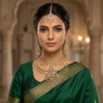 Traditional Gold-Tone Bridal Jewelry Set with Maang Tikka – Elegant Emerald Green Saree Jewelry | AD Garments