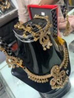 Traditional Gold-Tone Bridal Jewelry Set with Maang Tikka – Elegant Emerald Green Saree Jewelry | AD Garments - Image 3