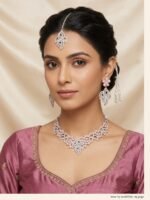 Elegant Silver-Tone Bridal Jewelry Set with Matching Maang Tikka & Earrings | AD Garments