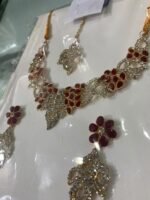 Elegant Antique Gold & Ruby Red Bridal Jewelry Set with Statement Necklace, Earrings & Maang Tikka | AD Garments - Image 3