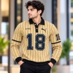 Men's Striped Number 18 Polo Sweatshirt – Long Sleeve Casual Pullover | AD Garments